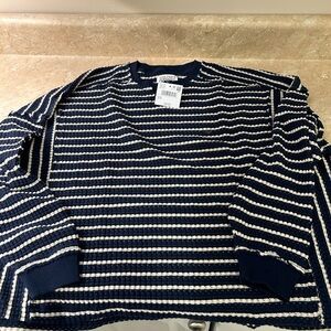 American Eagle Outfitters Navy and Cream Striped Crewneck Sweater